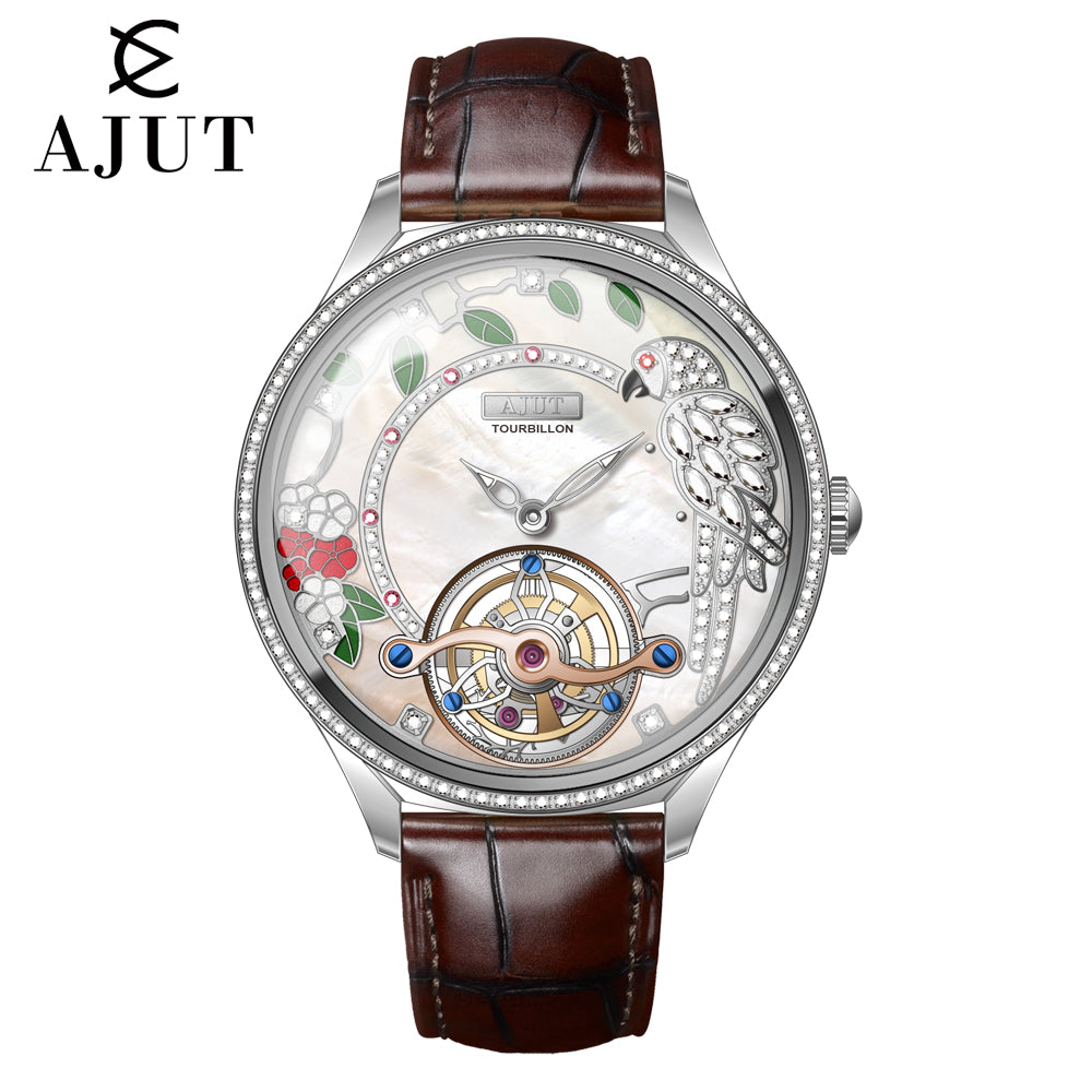 AJUT Tourbillon Women Watch Embossed Parrot Mother-of-Pearl Luxury Tourbillon Ladies Watch 0340L