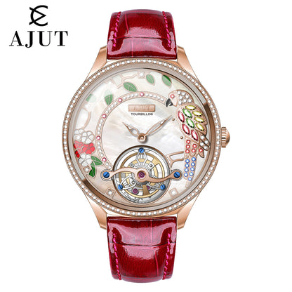 AJUT Tourbillon Women Watch Embossed Parrot Mother-of-Pearl Luxury Tourbillon Ladies Watch 0340L