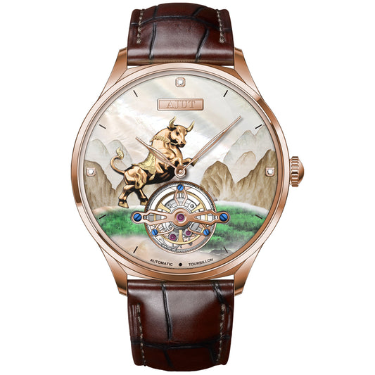 AJUT Automatic Tourbillon Movement Men's Watch Sapphire 24K Gold Figures Dial Mechanical Watches For Men Luxury 0347