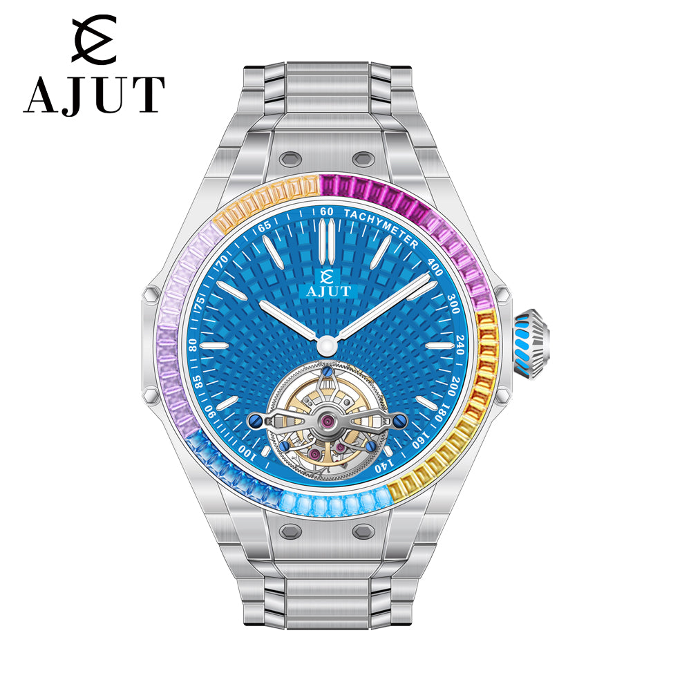 AJUT Automatic Tourbillon Mechanical Man Watch With Colored Square Diamond Ring 0386