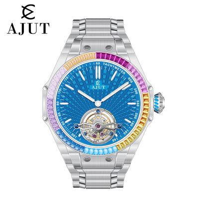 AJUT Automatic Tourbillon Mechanical Man Watch With Colored Square Diamond Ring 0386