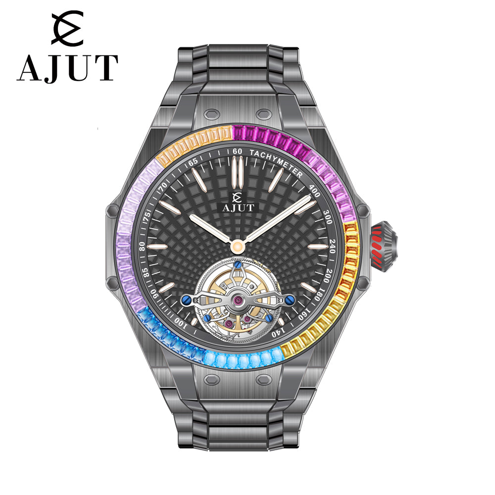 AJUT Automatic Tourbillon Mechanical Man Watch With Colored Square Diamond Ring 0386