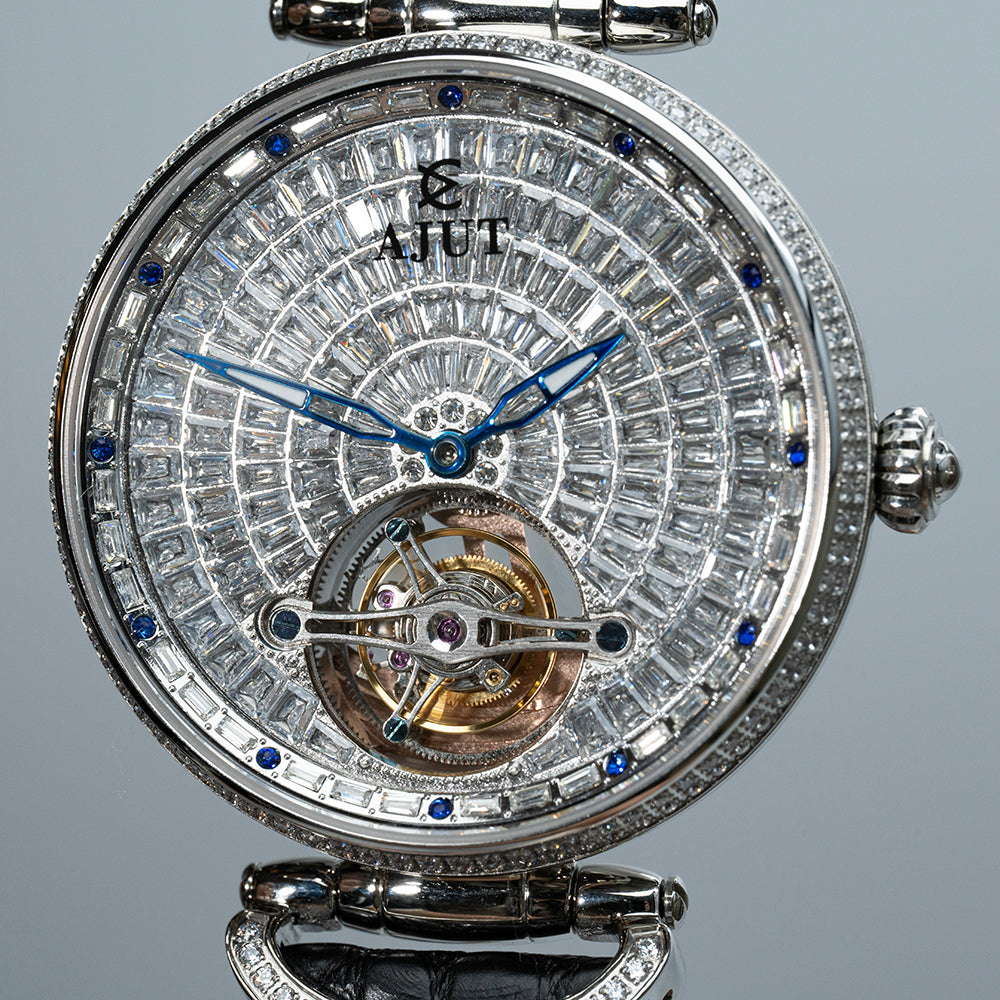 AJUT Automatic Mechanical Watch For Men Full Zircon Sapphire Flying Tourbillon Movement Man Watches 0397