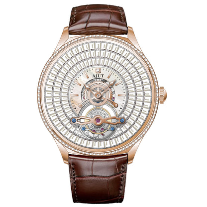 AJUT Automatic Tourbillon Movement Watches For Man Sapphire Square Zircon Dial Flying Mechanical Men's Watch 0398M