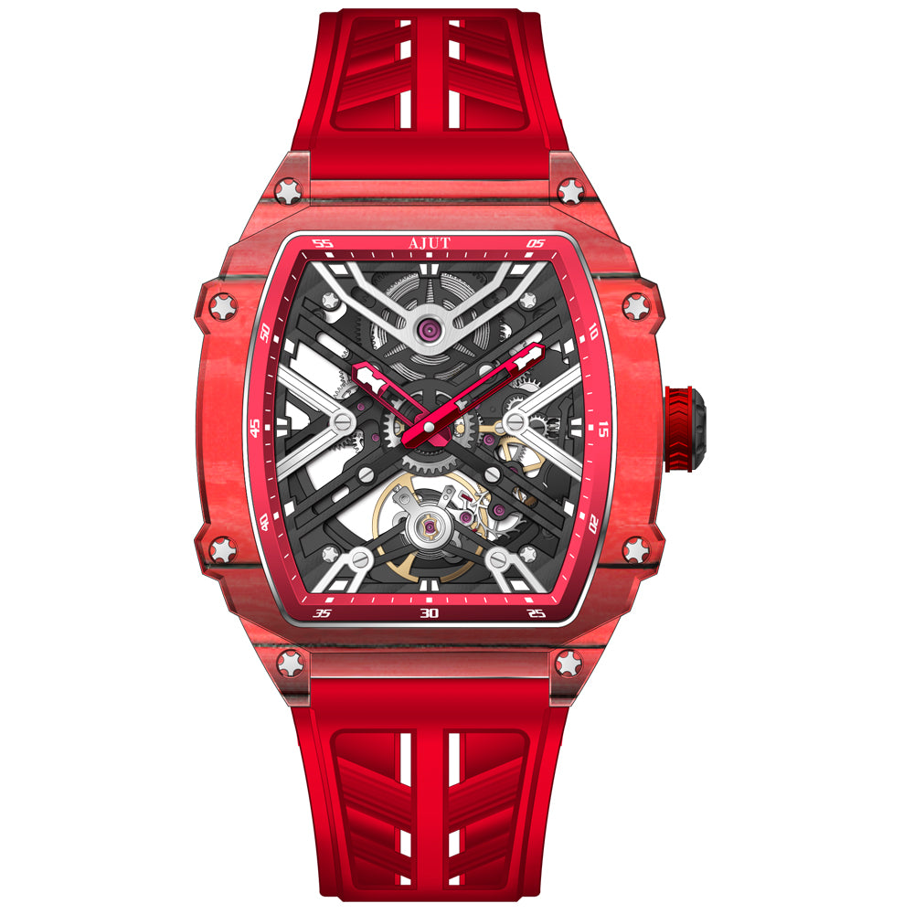 AJUT Carbon Fiber Automatic Watch For Men Self Manual Mechanical Sapphire Man Watches Skeleton Dial 0519