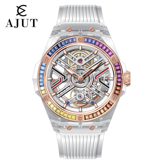 AJUT Automatic Mechanical watch mens crystal transparent case sapphire mirror luxury man watches 0525