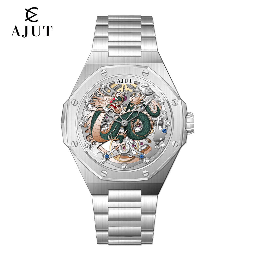 AJUT Automatic Watch Men Vintage 3D Dragon Dial Luxury Skeleton Mechanical Watches for men Sapphire 0568
