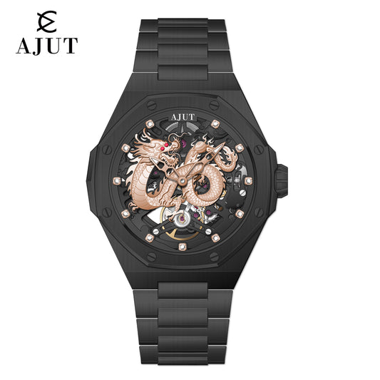 AJUT Automatic Watch Men Vintage 3D Dragon Dial Luxury Skeleton Mechanical Watches for men Sapphire 0568
