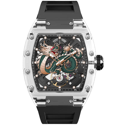 AJUT K9 Transparent Glass Man Watch Automatic Winding Mechanical Sapphire Hollow Watch For Men 0570