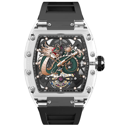 AJUT Automatic Tourbillon Movement Watches For Men Crystal Case Dragon Dial Luxury Self Winding Mechanical Man Watch 0571