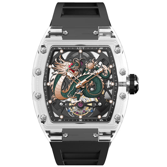 AJUT Automatic Tourbillon Movement Watches For Men Crystal Case Dragon Dial Luxury Self Winding Mechanical Man Watch 0571