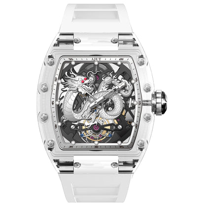 AJUT Automatic Tourbillon Movement Watches For Men Crystal Case Dragon Dial Luxury Self Winding Mechanical Man Watch 0571