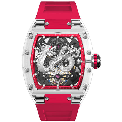 AJUT Automatic Tourbillon Movement Watches For Men Crystal Case Dragon Dial Luxury Self Winding Mechanical Man Watch 0571