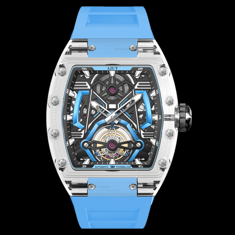 AJUT K9 Crystal Tourbillon Mechanical Skeleton Movement Acrylic Man Watch Luxury 0573