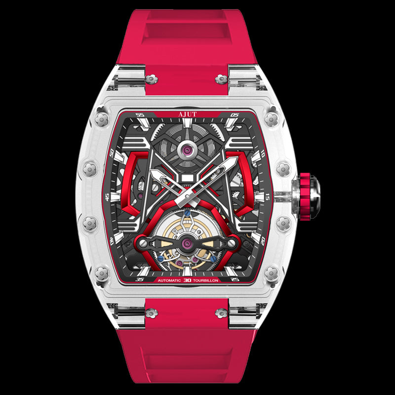 AJUT K9 Crystal Tourbillon Mechanical Skeleton Movement Acrylic Man Watch Luxury 0573