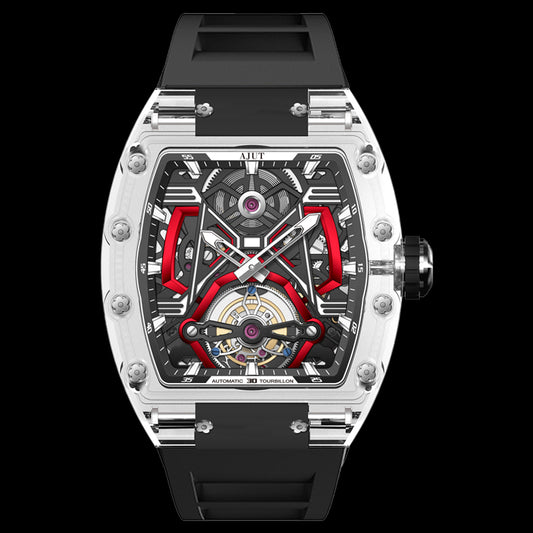AJUT K9 Crystal Tourbillon Mechanical Skeleton Movement Acrylic Man Watch Luxury 0573