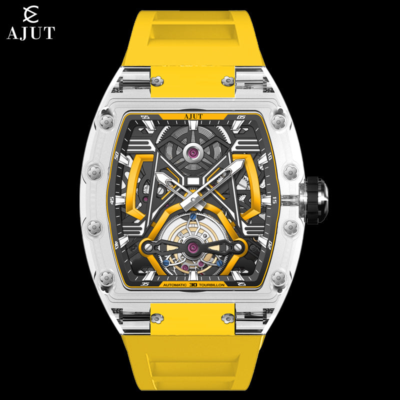 AJUT K9 Crystal Tourbillon Mechanical Skeleton Movement Acrylic Man Watch Luxury 0573
