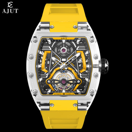 AJUT K9 Crystal Tourbillon Mechanical Skeleton Movement Acrylic Man Watch Luxury 0573
