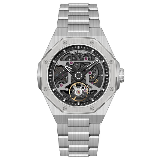 AJUT Automatic Mechanical Watch Man Sapphire Simple Skeleton Self Winding Movement Men's Watch 0575