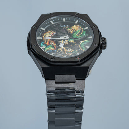 AJUT automatic mechanical mens watch sapphire glass 3D dragon dial skeleton vintage watches for man waterproof stainless steel 0576