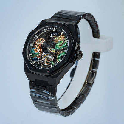 AJUT automatic mechanical mens watch sapphire glass 3D dragon dial skeleton vintage watches for man waterproof stainless steel 0576