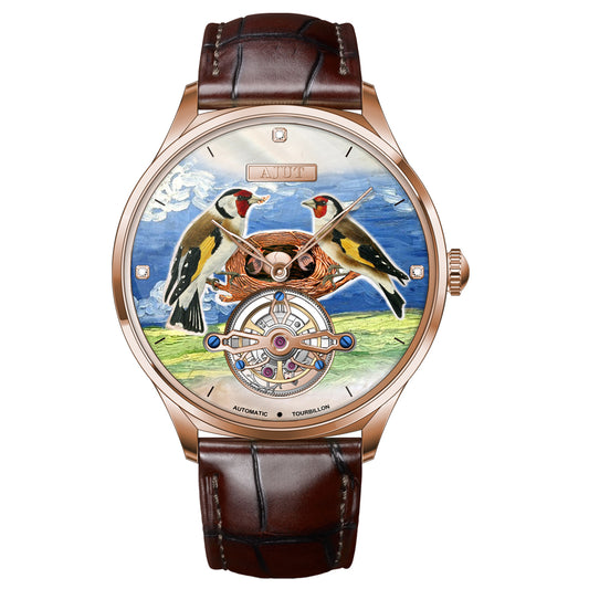 AJUT Automatic Tourbillon Mechanical Watches For Men 3D Printed Bird Face Dial Sapphire Man Watch 0357
