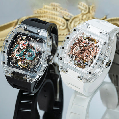 AJUT Automatic Tourbillon Movement Watches For Men Crystal Case Dragon Dial Luxury Self Winding Mechanical Man Watch 0571