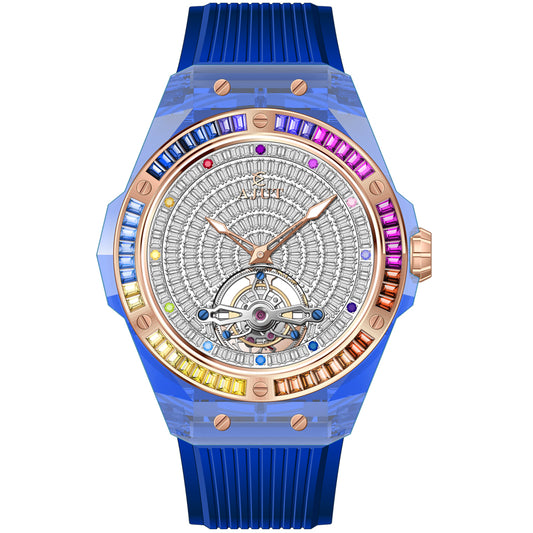 AJUT Automatic Tourbillon Mechanical Watch For Men Crystal Case Full Diamond Dial Watches Sapphire Luxury TAM0521