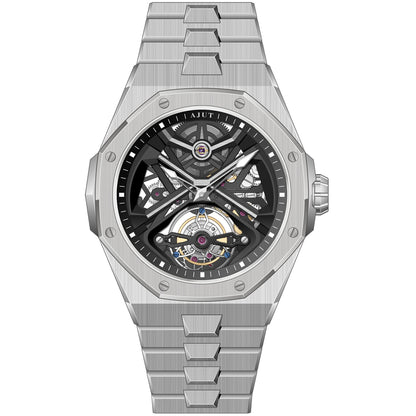 AJUT Automatic Tourbillon Watch Man Self Winding Mechanical Skeleton Stainless Steel Wristwatch 0517