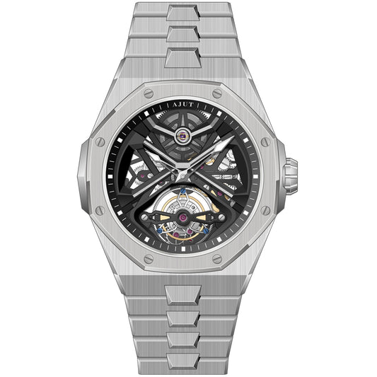 AJUT Automatic Tourbillon Watch Man Self Winding Mechanical Skeleton Stainless Steel Wristwatch 0517