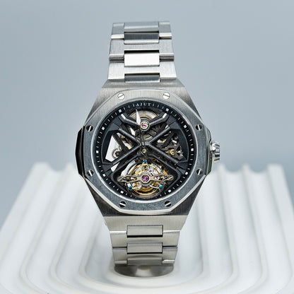 AJUT Automatic Tourbillon Watch Man Self Winding Mechanical Skeleton Stainless Steel Wristwatch 0517