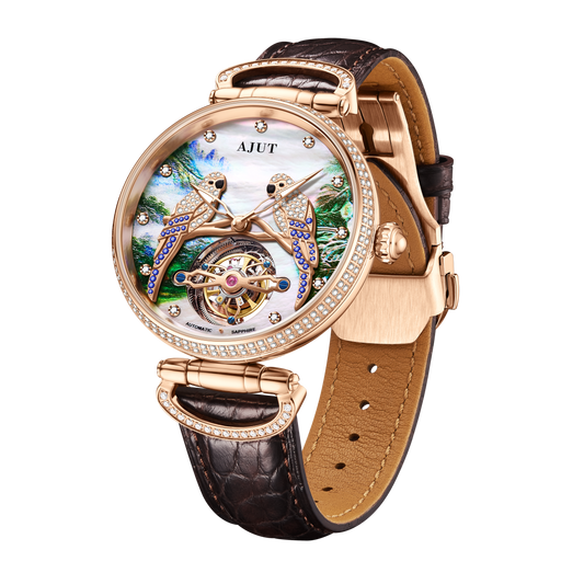 AJUT automatic tourbillon mechanical watches for man movement mother-of-pearl embossed parrot inlaid zircon men's watch 0327