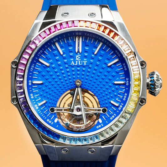 AJUT tourbillon watch man self winding flying mechanical movement Blue hydraulic surface watches man 316L stainless steel case ring 0386