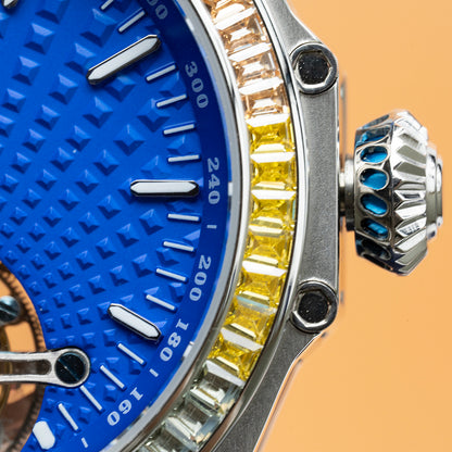 AJUT tourbillon watch man self winding flying mechanical movement Blue hydraulic surface watches man 316L stainless steel case ring 0386