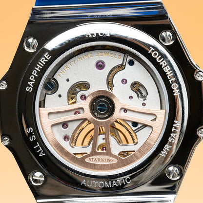 AJUT tourbillon watch man self winding flying mechanical movement Blue hydraulic surface watches man 316L stainless steel case ring 0386