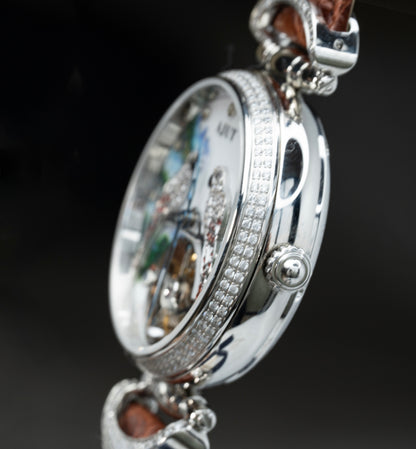 AJUT Artistic Painted Watch Women Forest Relief Parrot Inlaid Zircon Luxury Tourbillon Ladies Watch 0327L