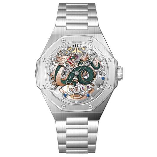 AJUT Automatic Mechanical Watches For Man Sapphire Hollow Dragon Face Classic Men Watch 0568