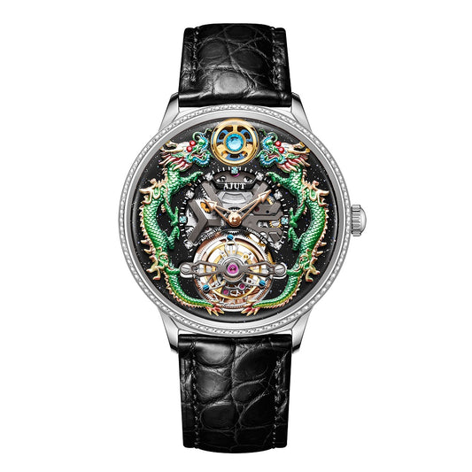 AJUT Automatic Tourbillon Mechanical Man Watch Sapphire 3D Dragon Watch 0585