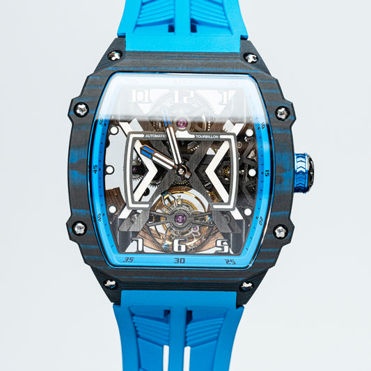 AJUT flying automatic tourbillon mechanical men watch vintage carbon fiber case skeleton movement self wind luxury watches for man blue color 0510