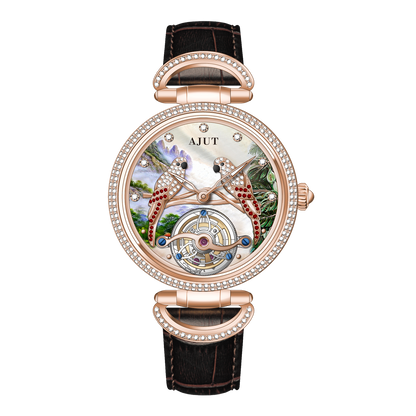 AJUT Artistic Painted Watch Women Forest Relief Parrot Inlaid Zircon Luxury Tourbillon Ladies Watch 0327L