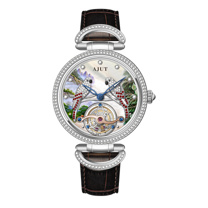 AJUT Artistic Painted Watch Women Forest Relief Parrot Inlaid Zircon Luxury Tourbillon Ladies Watch 0327L
