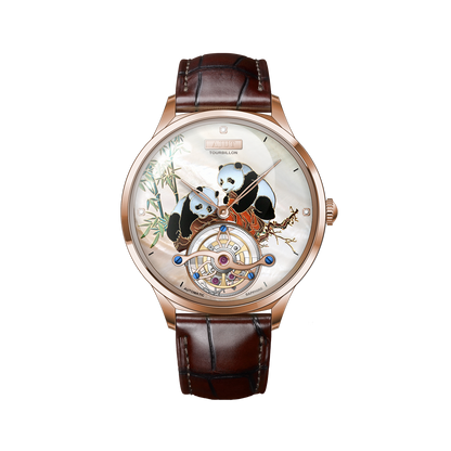 AJUT Automatic Tourbillon Women's Watch Pearl Shell Art Painting Craft 3D Printed Panda Ladies Watch 0346L