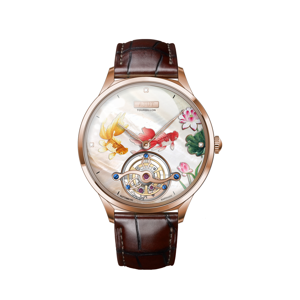 AJUT Pearl Shell Art Painting Craft Carp Lotus Automatic Winding Tourbillon Ladies Watch TAL0348