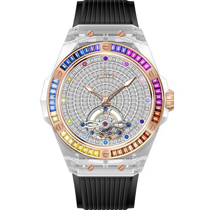 AJUT Automatic Tourbillon Crystal Case Watch Men Sapphire Mirror Square Diamond Surface Flying Mechanical Wristwatches 0521